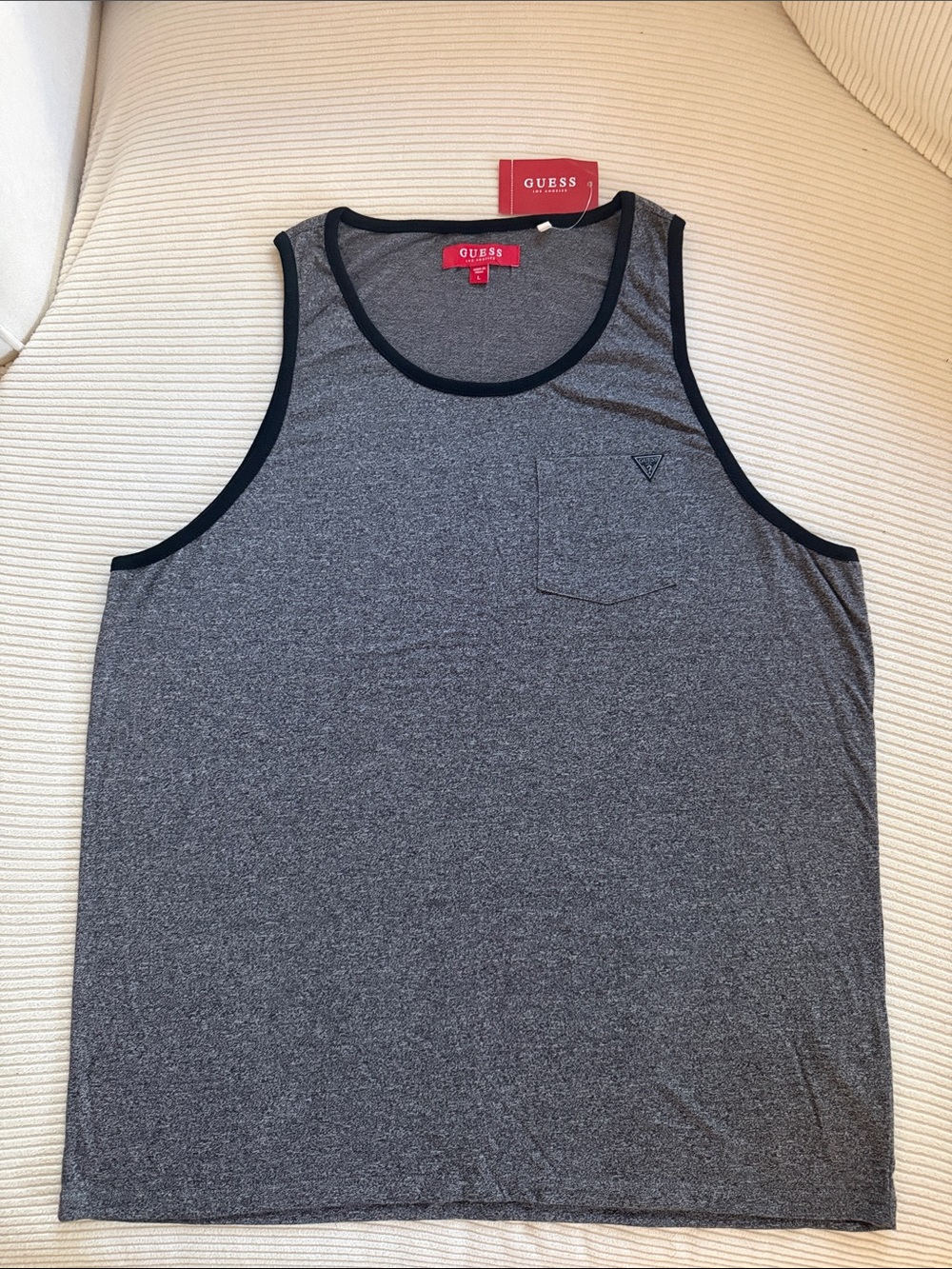 GUESS Men’s Jet Black Tank Top with Black Trim and Pocket